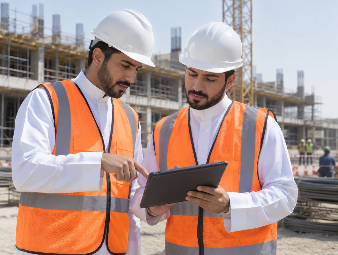 Two Saudi engineers in hard hats and hi-vis vests going over plans on a tablet on site