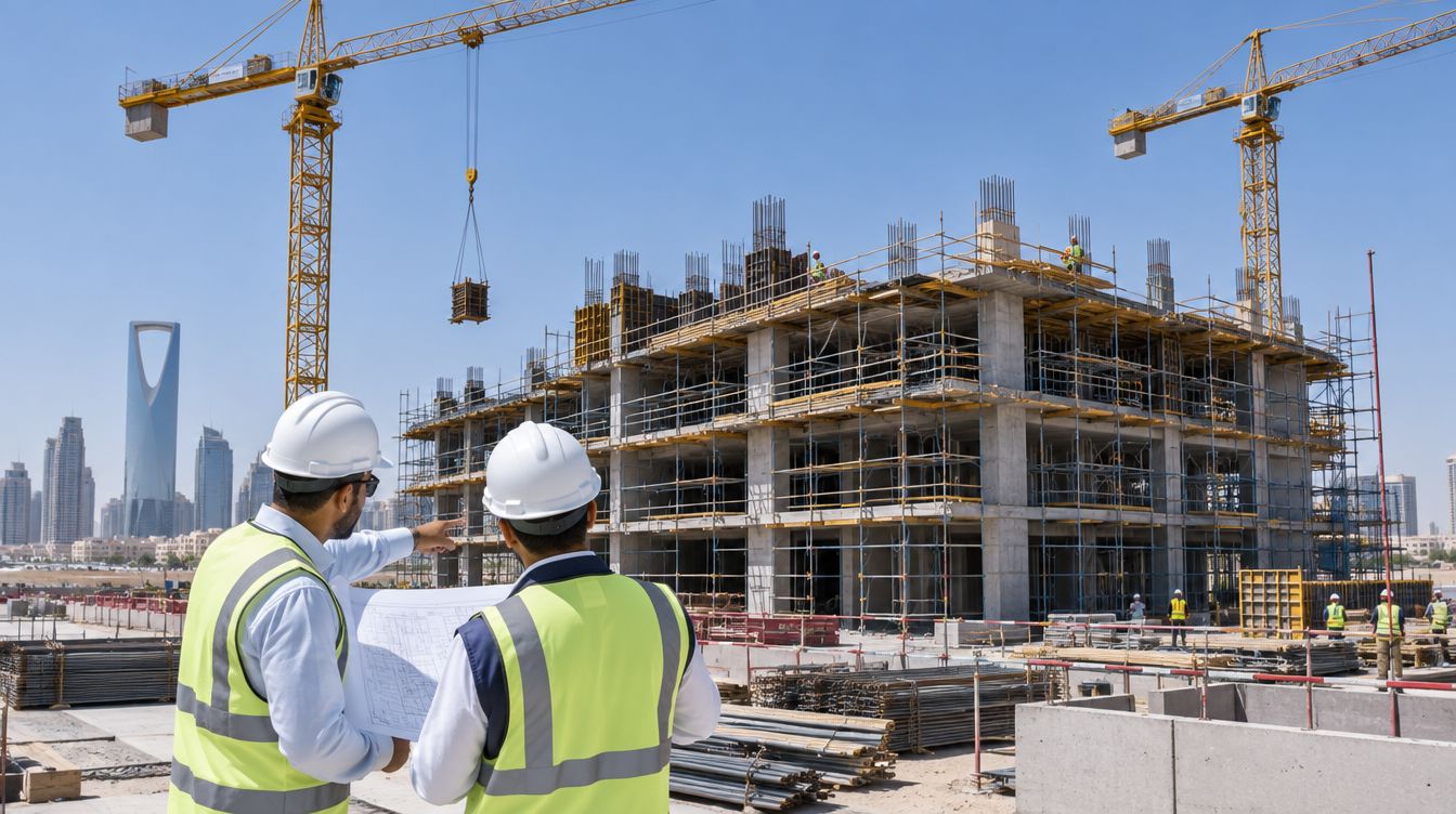 A concrete building under construction in Riyadh, ringed by tower cranes, with two engineers in white hard hats checking a drawing