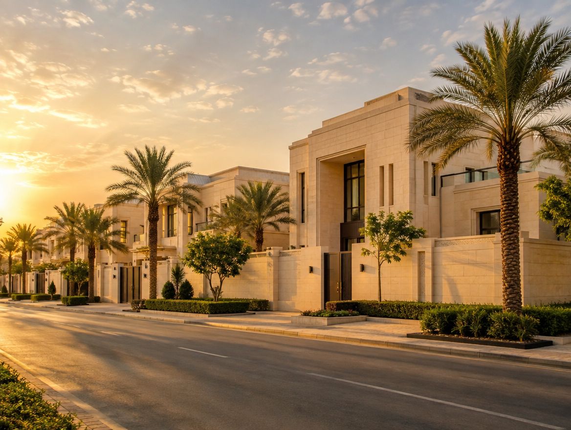 A finished compound of pale stone villas with palms along the street at sunset